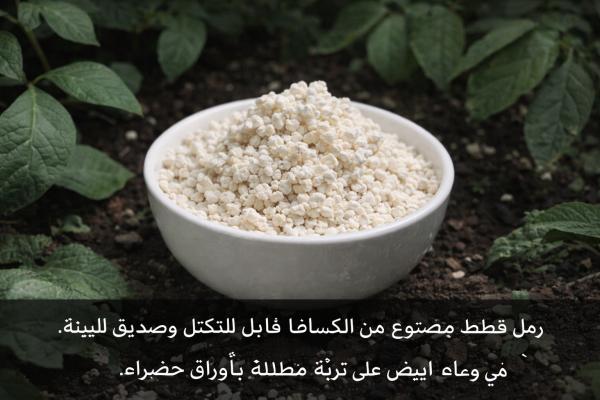  رمل قطط مصنوع من الكسافا الطبيعي، حبيبات بيضاء صغيرة داخل وعاء أسود على خلفية داكنة، قابل للتكتل وصديق للبيئة