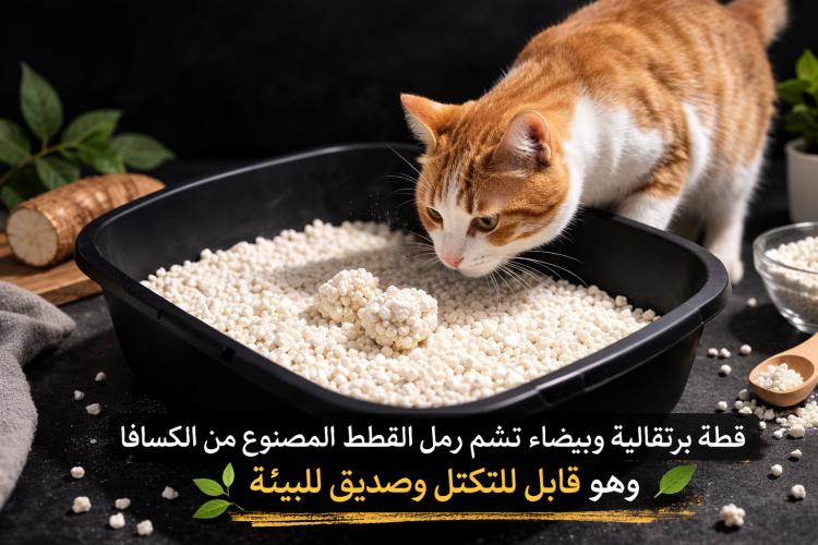  رمل قطط مصنوع من الكسافا الطبيعي، حبيبات بيضاء صغيرة داخل وعاء أسود على خلفية داكنة، قابل للتكتل وصديق للبيئة